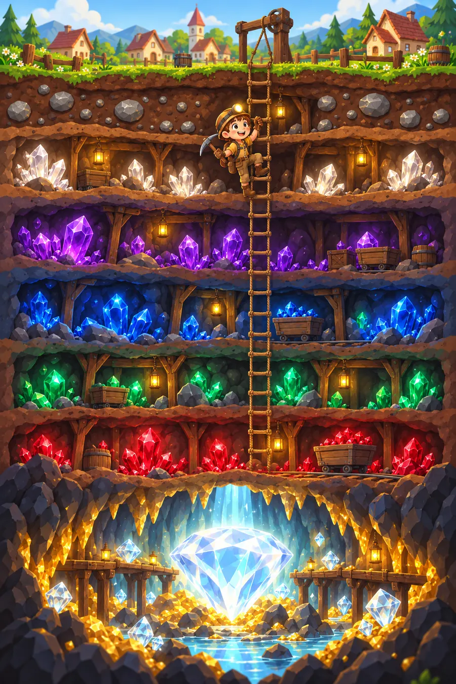 A cartoon explorer climbing down a gem mine, with rarer gems glowing in the deeper layers