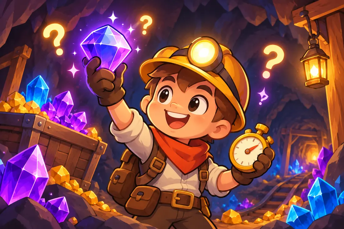 A cartoon explorer holding up a glowing gem and a stopwatch